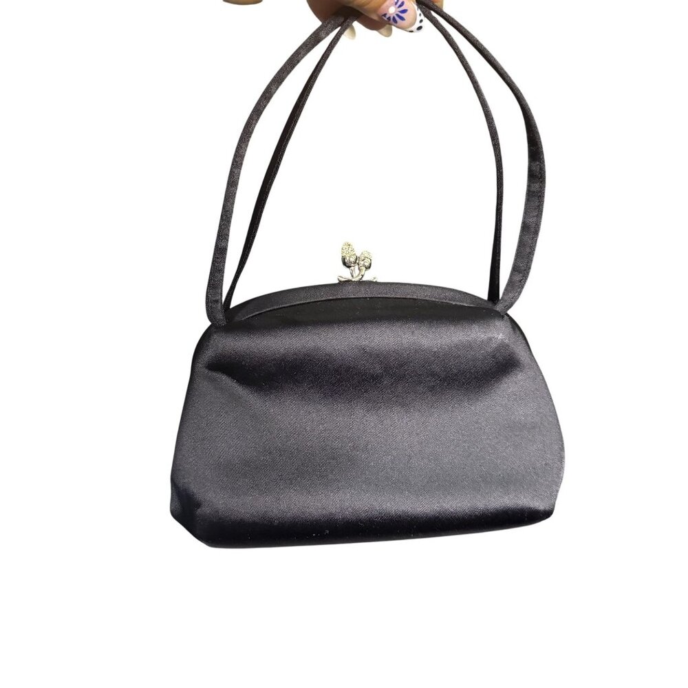 Saks Fifth Avenue Womens Black Satin Kiss Lock Crystals Double Strap Purse Mini